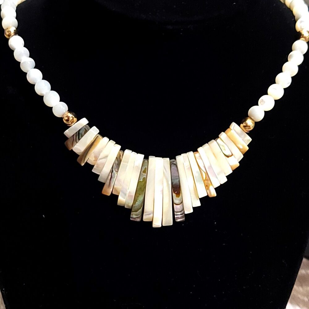 14K Yellow Gold and Mother of Pearl Beaded Statement Necklace 19"
